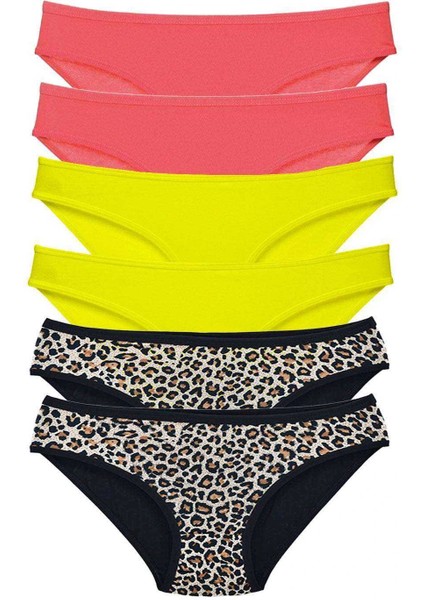6 Adet Likralı Kadın Slip Külot Leopar Fuşya Sarı