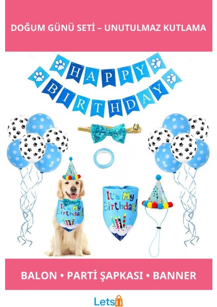 Renkli Balonlu Parti Şapkaları ve Bandanalı Köpekler Için Doğum Günü Kutlama Seti