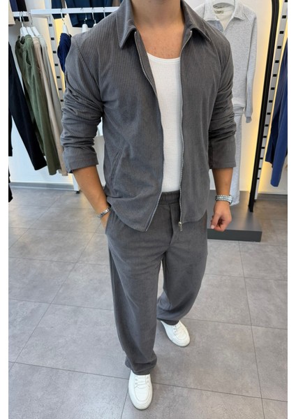 Slimfit Yakalı Astarlı Yan Cep Baggy Pantolonlu Kadife Takım