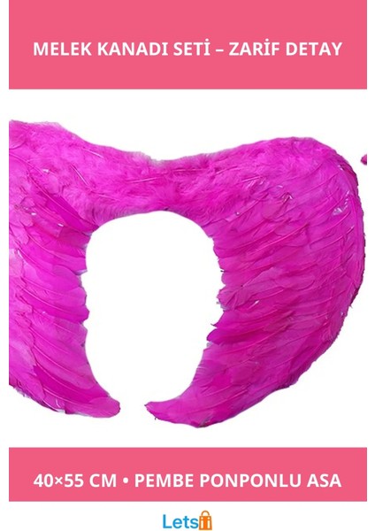 Pembe Gerçek Tüylü Katlanabilir Melek Kanadı Metalize Yıldız Asa Seti