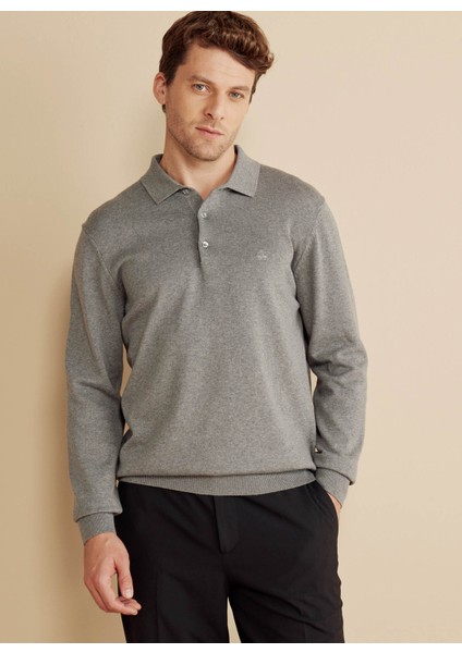 Polo Yaka Standart Gri Melanj Erkek Kazak BBFW25MKL003
