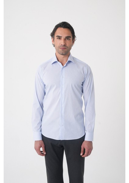 Açık Mavi Uzun Kol Klasik D Yaka Cepsiz Erkek Gömlek GMKLS250045_D33