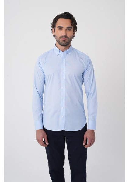 Regular Fit Erkek Uzun Kol Paşa Yaka Cepsiz Pamuk Mavi Gömlek GMCZG250133_D35