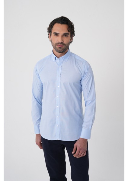 Regular Fit Erkek Uzun Kol Paşa Yaka Cepsiz Pamuk Mavi Gömlek GMCZG250133_D35 fiyatları