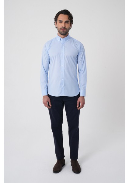 Regular Fit Erkek Uzun Kol Paşa Yaka Cepsiz Pamuk Mavi Gömlek GMCZG250133_D35 modelleri