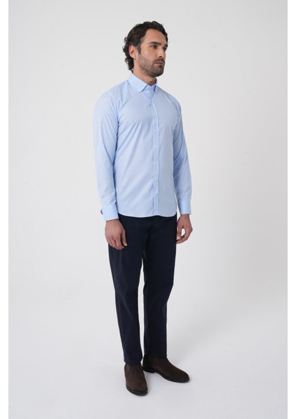 Regular Fit Erkek Uzun Kol Paşa Yaka Cepsiz Pamuk Mavi Gömlek GMCZG250133_D35 fırsatları