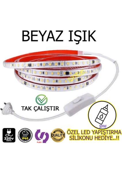 220V Şerit LED Tak Çalıştır Anahtarlı (BEYAZ IŞIK) 5 METRE (Yüksek Lümen)