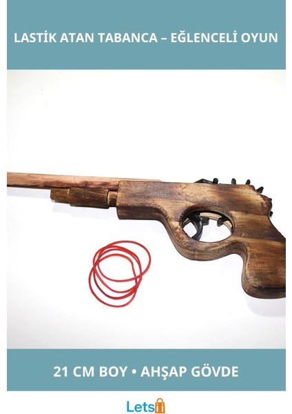 Ahşap Lastik Atan Tabanca 21 cm Eğlenceli Oyun Aracı