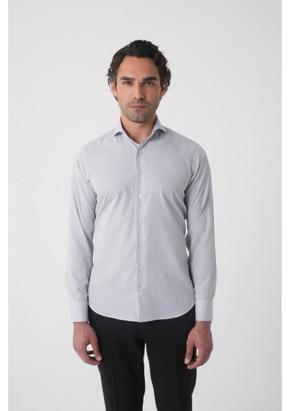 Regular Fit Erkek Napoli Yaka Uzun Kol Cepsiz Pamuk Gri Gömlek GMCZG250127_55