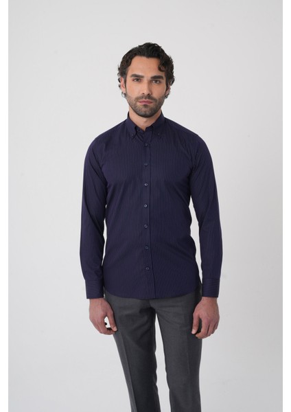 Regular Fit Erkek Uzun Kol Cepsiz Pamuk Lacivert Gömlek GMCZG250134_C39