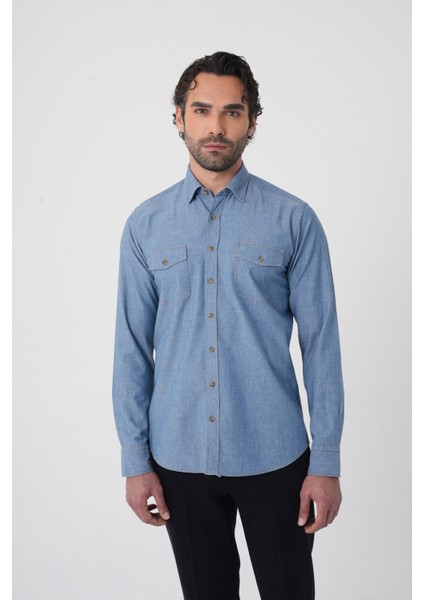 Erkek Regular Fit Uzun Kollu Denim Casual Gömlek GMDNM252165_D35