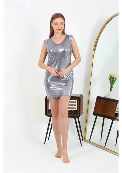 - Kadın Kalın Askılı Kısa Parlak Micro Ev Elbisesi Gecelik Gri modelleri