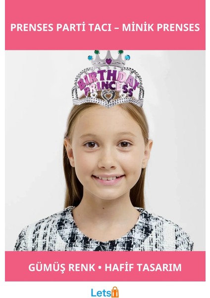 Gümüş Renk Pembe Detaylı Yazılı Prenses Doğum Günü Parti Tacı