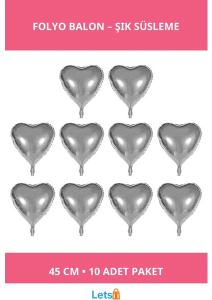 Kalp Şekilli Gümüş Renk Folyo Balon 45 cm 10 Adet