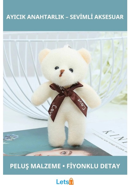 Fiyonklu Krem Renk Peluş Ayıcık Anahtarlık