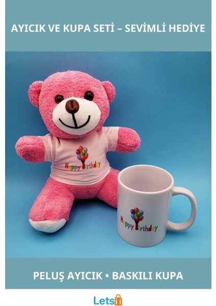 Happy Birthday Tasarım Pembe Ayıcık ve Kupa Bardak Seti