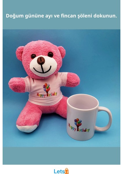 Happy Birthday Tasarım Pembe Ayıcık ve Kupa Bardak Seti fiyatları