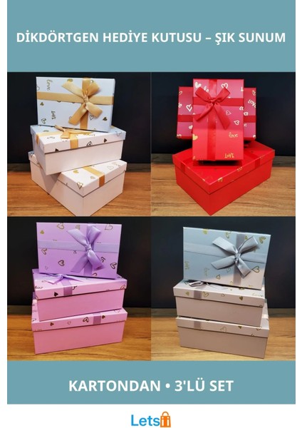 3'lü Dikdörtgen Hediye Kutusu Renkli ve Şık Tasarım