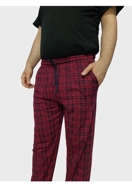 Büyük Beden Pijama Altı - Unisex Battal Beden Cepli %100 Cotton Checkered Plaid Tek Alt Pijama-Bordo modelleri