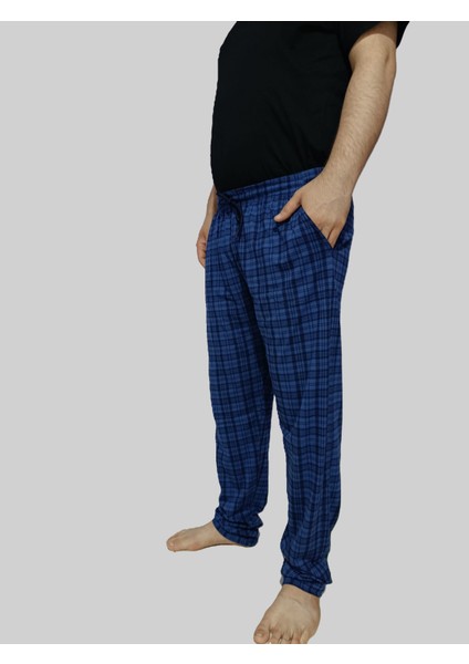 Büyük Beden Pijama Altı -Unisex Battal Beden Cepli %100 Cotton Checkered Plaid Tek Alt Pijama-Indigo