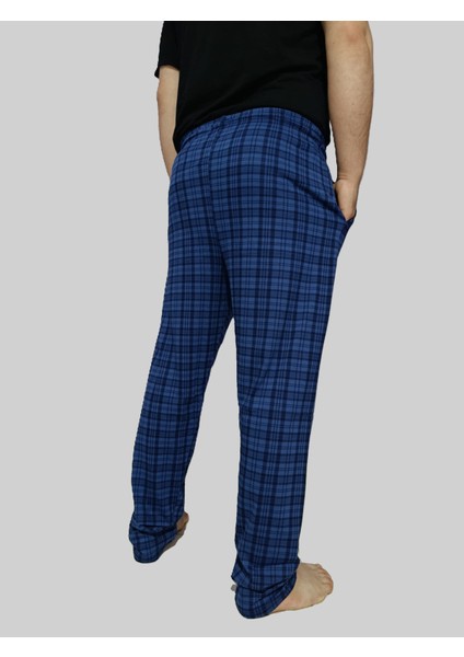 Büyük Beden Pijama Altı -Unisex Battal Beden Cepli %100 Cotton Checkered Plaid Tek Alt Pijama-Indigo fiyatları