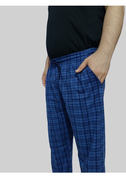 Büyük Beden Pijama Altı -Unisex Battal Beden Cepli %100 Cotton Checkered Plaid Tek Alt Pijama-Indigo modelleri