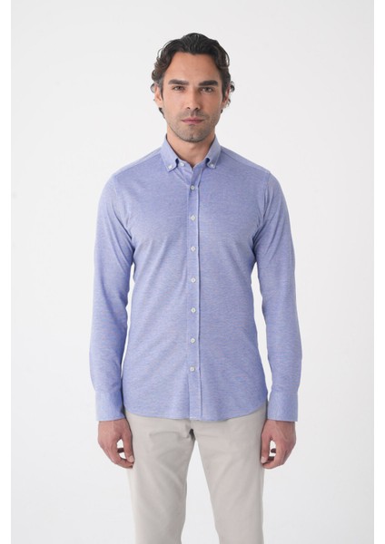 Erkek Uzun Kol Paşa Yaka Pamuk Örme Cepsiz Indigo Gömlek GMORM250001_D66