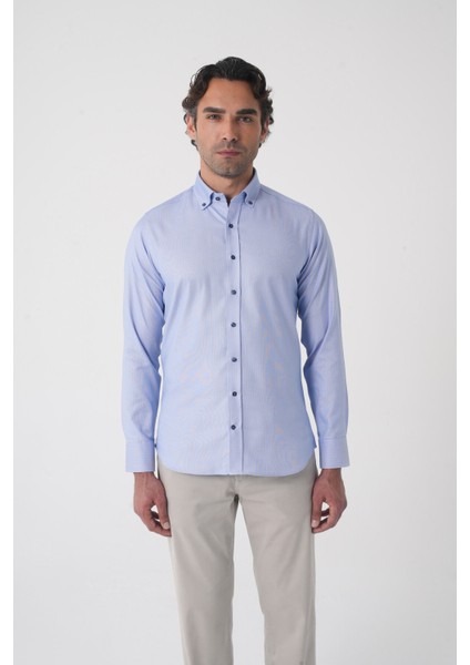 Uzun Kol Paşa Yaka Mavi Cepsiz Erkek Gömlek GMKLS250069_D35