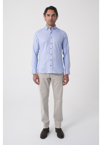 Uzun Kol Paşa Yaka Mavi Cepsiz Erkek Gömlek GMKLS250069_D35 modelleri