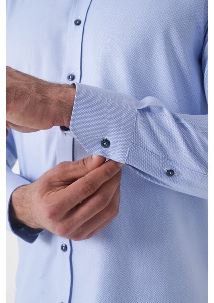 Uzun Kol Paşa Yaka Mavi Cepsiz Erkek Gömlek GMKLS250069_D35 indirimleri