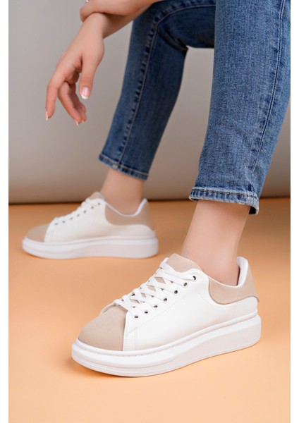 LC109 Beyaz Bej Süet Kadın Sneaker