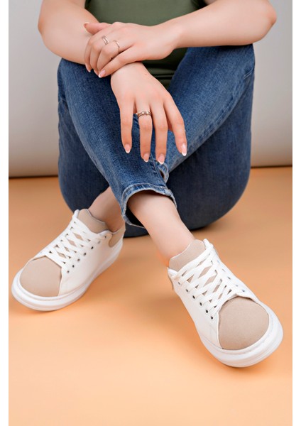 LC109 Beyaz Bej Süet Kadın Sneaker modelleri