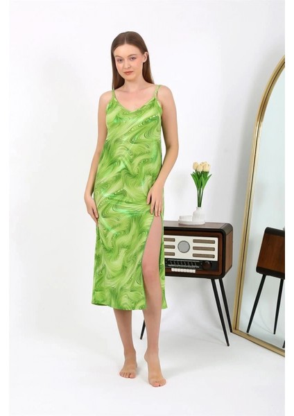 - Kadın Ip Askılı Uzun Parlak Micro Elbise Gecelik Yeşil