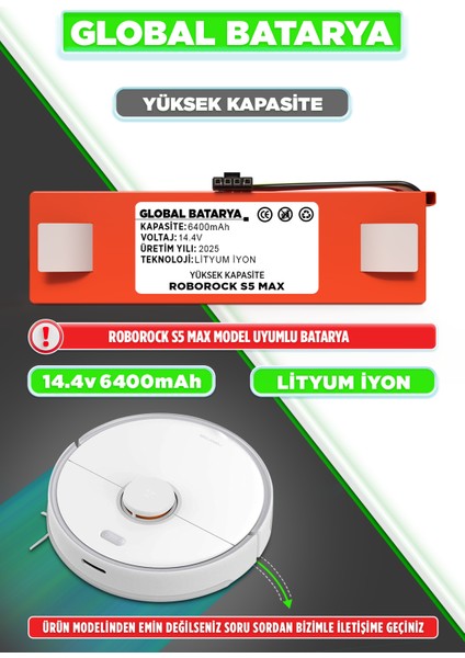 Roborock S5 Max Uyumlu Akıllı Robot Süpürge Bataryası 14.4V 6400MAH Li-Ion Pil (Yüksek Kapasite)