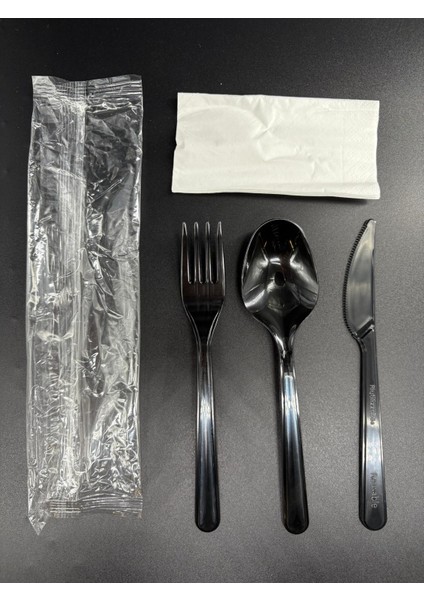Eko Lüks 4'lü Siyah Set Jelatinli (Kaşık,Çatal,Bıçak,Peçete) 50'li Paket