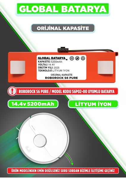 Roborock S6 Pure Uyumlu Akıllı Robot Süpürge Bataryası 14.4V 5200MAH Li-Ion Pil (Orijinal Kapasite)
