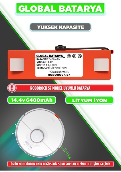 Roborock S7 Uyumlu Akıllı Robot Süpürge Bataryası 14.4v 6400mAh Li-ion Pil (Yüksek Kapasite)