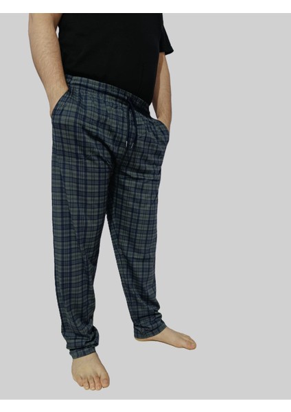 Büyük Beden Pijama Altı - Unisex Battal Beden Cepli %100 Cotton Checkered Plaid Tek Alt Pijama