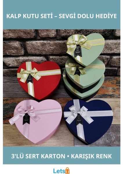 Renkli 3'lü Hediyelik Kalp Kutu Seti Karton