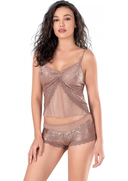 Marsilyan-Vizon Jakarlı Babydoll Şort Takımı