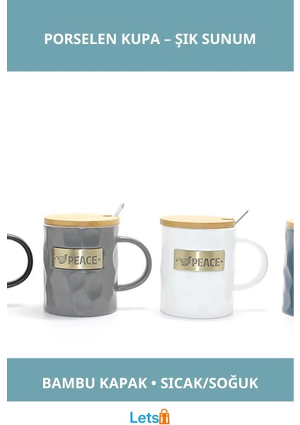 Şık Bambu Kapaklı Dayanıklı Porselen Kupa Bardak