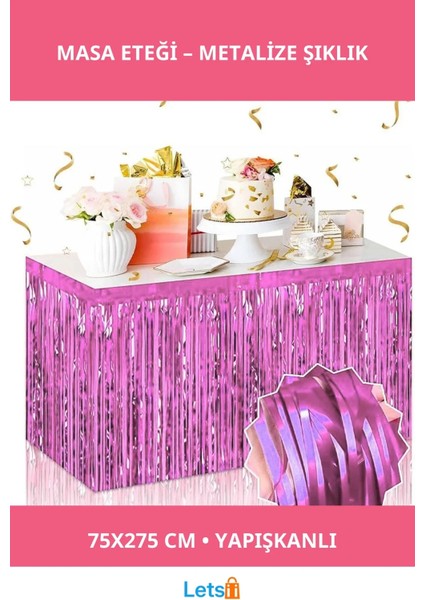 Kendinden Yapışkanlı Pembe Metalize Püsküllü Masa Eteği 75X275 cm