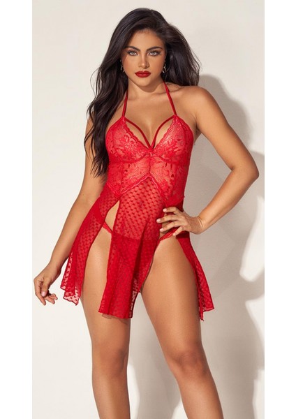 Marsilyan-Kırmızı Dantelli Boyundan Askılı Göğüs Detay Gecelik Takımı