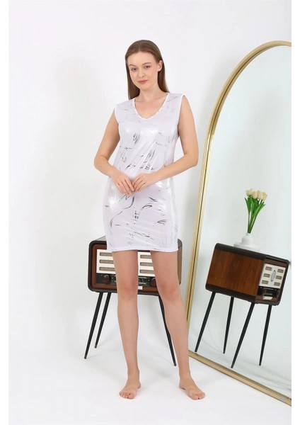 Marsilyan- Kadın Kalın Askılı Kısa Parlak Micro Ev Elbisesi Gecelik Beyaz