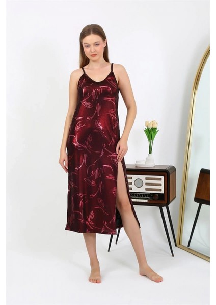 - Kadın Ip Askılı Uzun Parlak Micro Elbise Gecelik Bordo