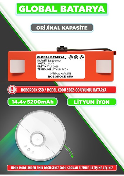 Roborock S50 Uyumlu Robot Süpürge Bataryası 14.4V 5200MAH Li-Ion Pil (Orijinal Kapasite)