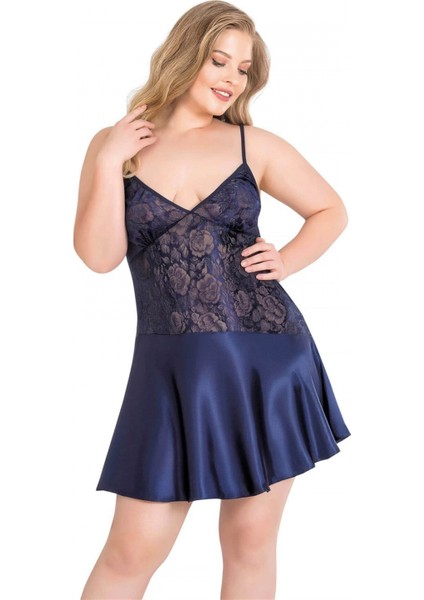 -Büyük Beden Lacivert Kısa Saten Gecelik fiyatları