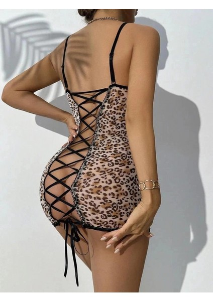 - Transparan Leopar Tül Arkası Çapraz Ipli Fantezi Gecelik