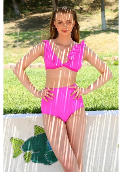 - Kadın Fırfırlı Yüksek Bel Fuşya Bikini