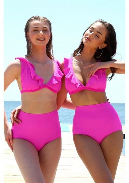 - Kadın Fırfırlı Yüksek Bel Fuşya Bikini indirimleri